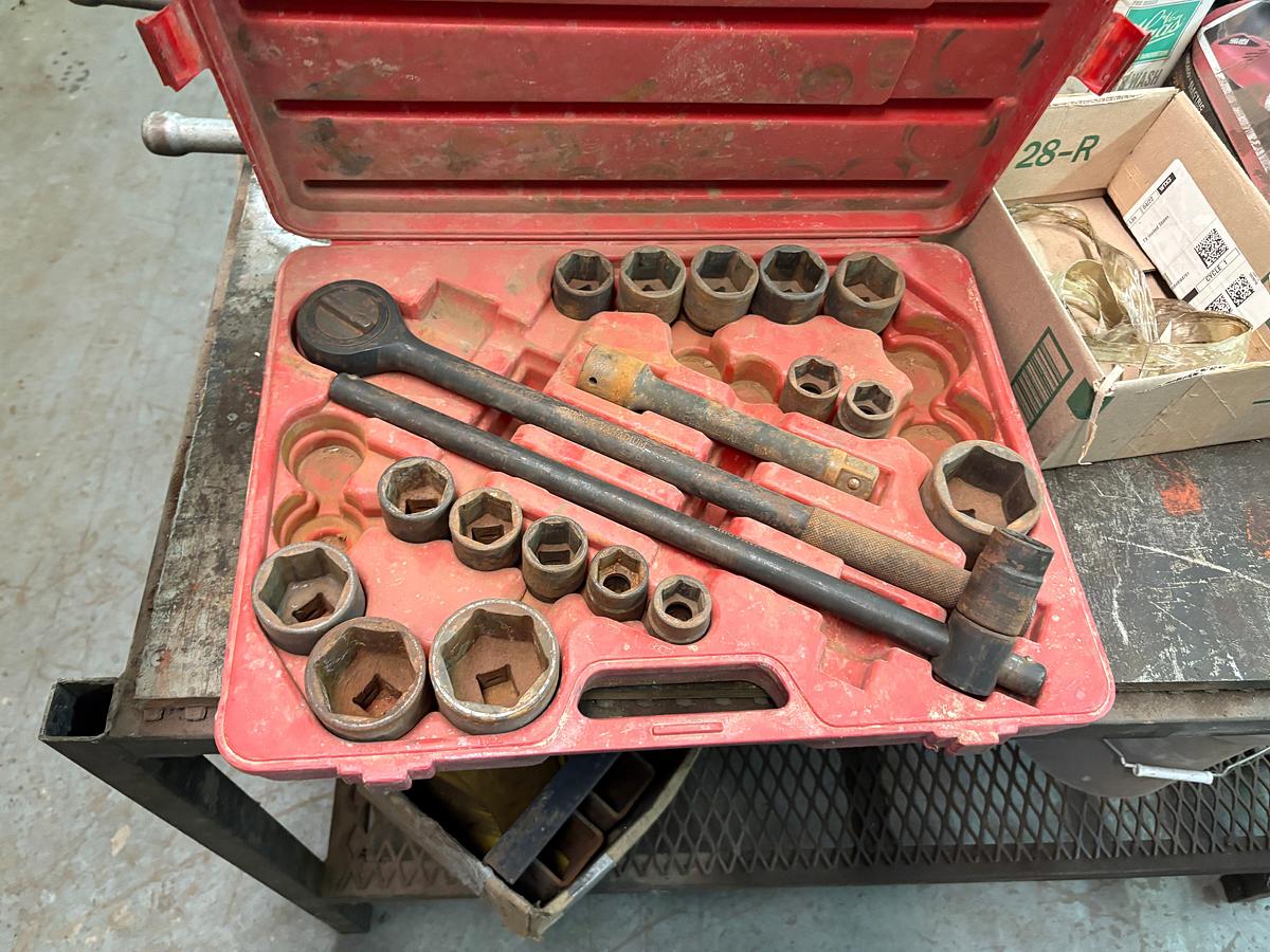 Used 98” x 52” x 36” shop table w/ contents