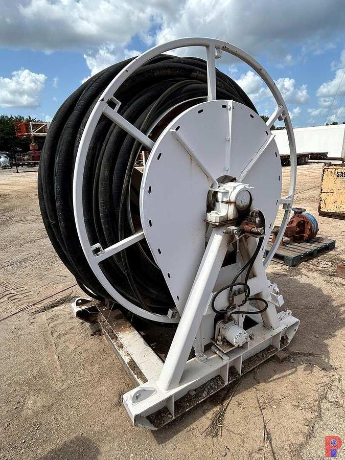 Used 72” DIA. X 34”W SKIDDED HYDRAULIC HOSE REEL W/ 3-SIZES OF HYD. HOSE