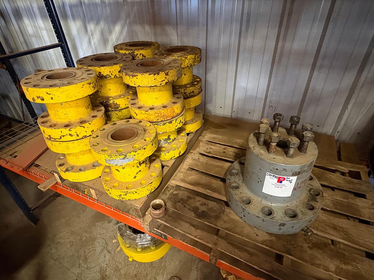 Used (3 shelves) w/ (18) assorted single stud adapters, 5” spacer spools, hydraulic valve actuator & valve stems