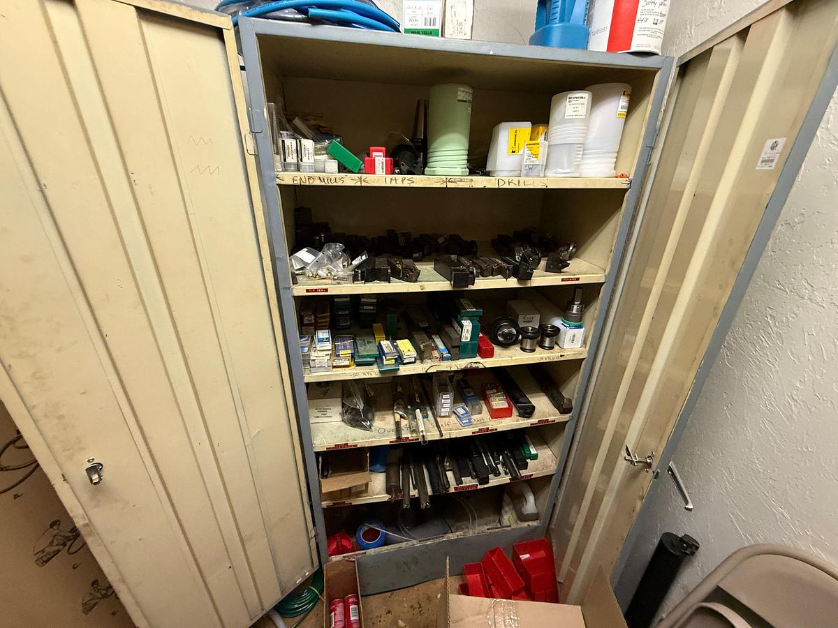 Used ROOM W/ SHELVES & (2) DOOR CABINET INCLUDES (100+) MACHINE CUTTING TOOLS, SUPPLIES, SPARE PARTS, & RELATED
