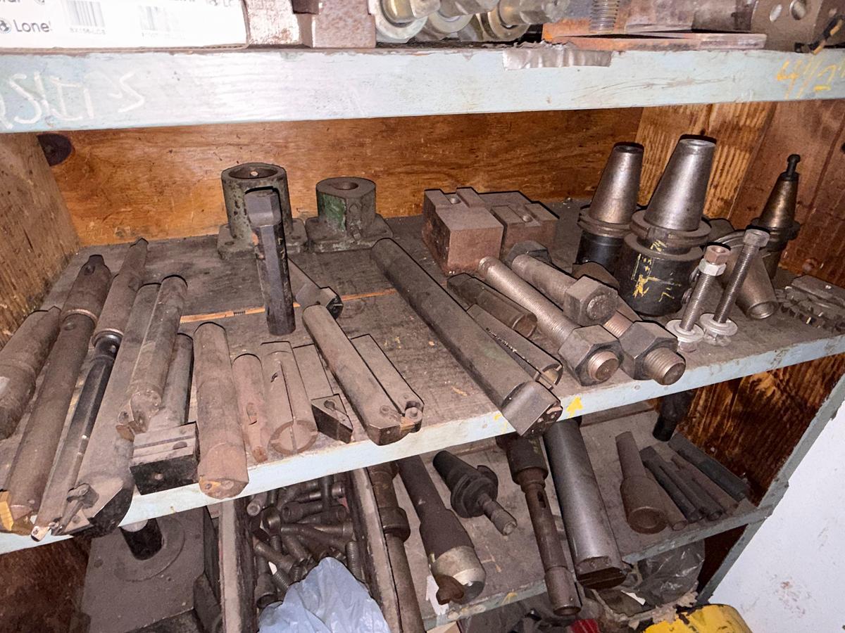 Used 8’x2’x4’ 3-ROW WOOD SHELF W/ CONTENTS OF CUTTING TOOLS, DRILL BITS & CHUCKS, MACHINING RELATED ADAPTERS