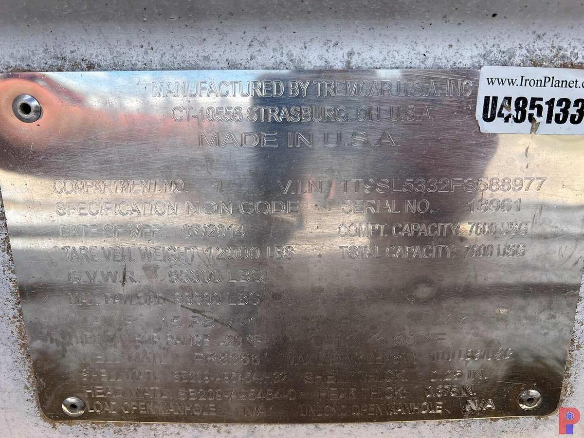 Used 2015 TREMCAR T/A 180BBL ALUM. VACUUM TRAILER