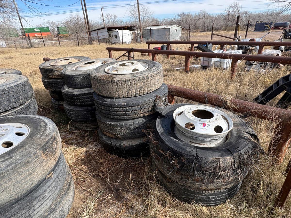 Used (14) assorted 11r24.5 & 11r22.5 tires & (15) 10-lug steel wheels