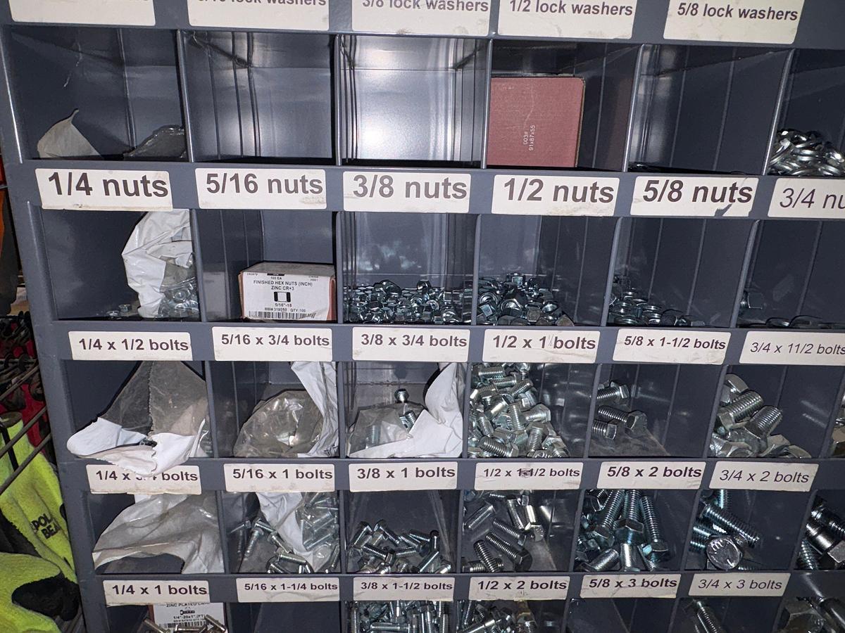 Used Bolt bin w/ (1000+) unused nuts, bolts, & washers