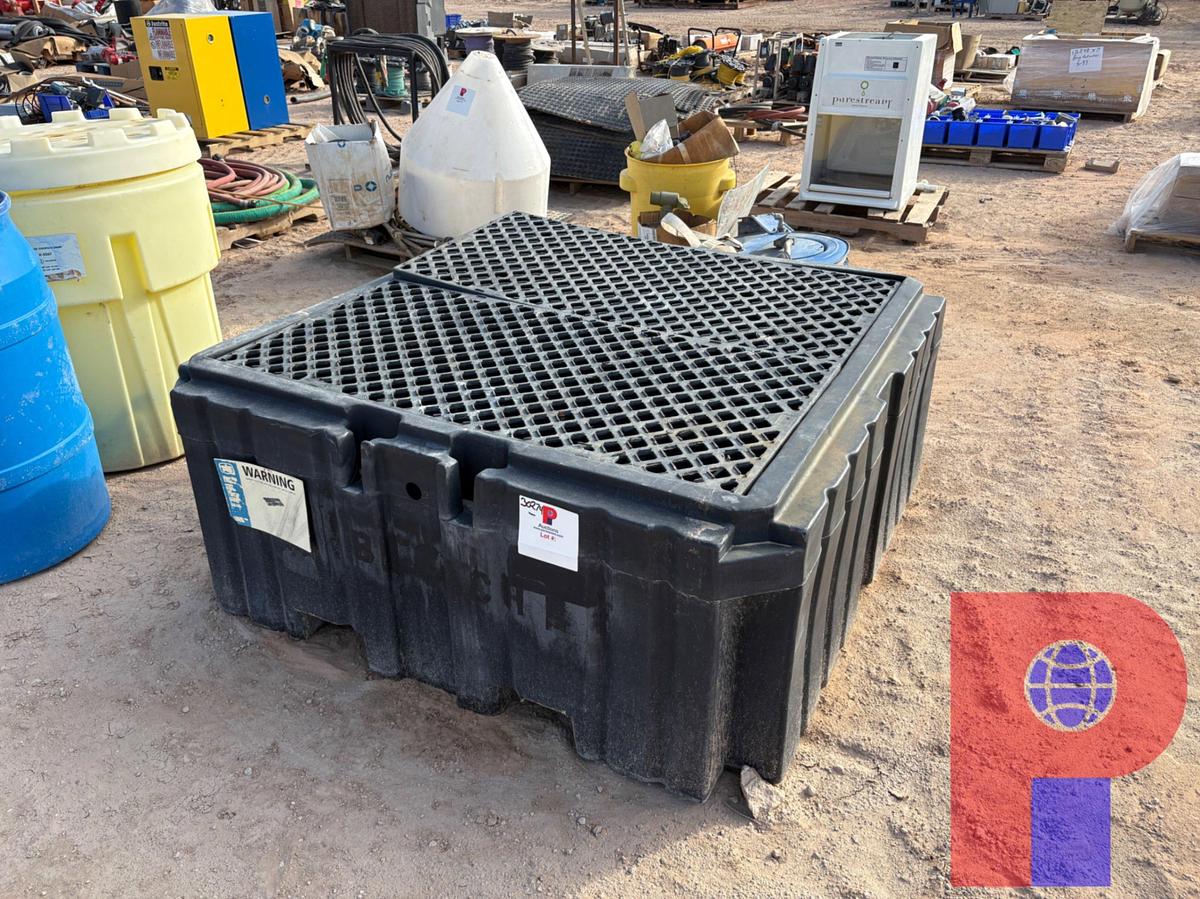 Used 4.5’ X 4.5’ CHEMICAL TOTE CATCH PAN, (1) 95 GAL. SALVAGE OVERPACK DRUM, & (2) PLASTIC 55 GALLON DRUMS