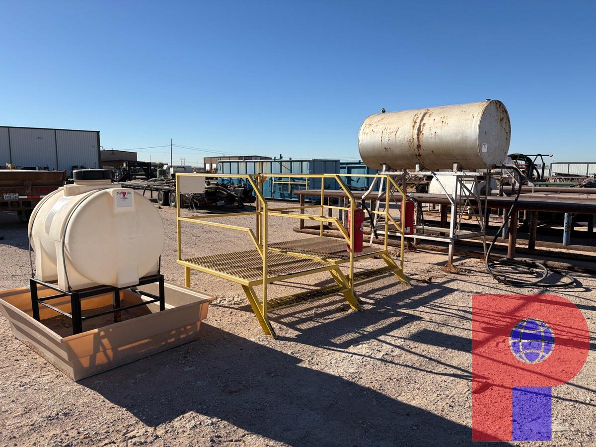 Used 8’ X 3.5’ GRAVITY FED FUEL TANK W/ (2) 18”H WORK PLATFORMS & 150GAL POLY TANK