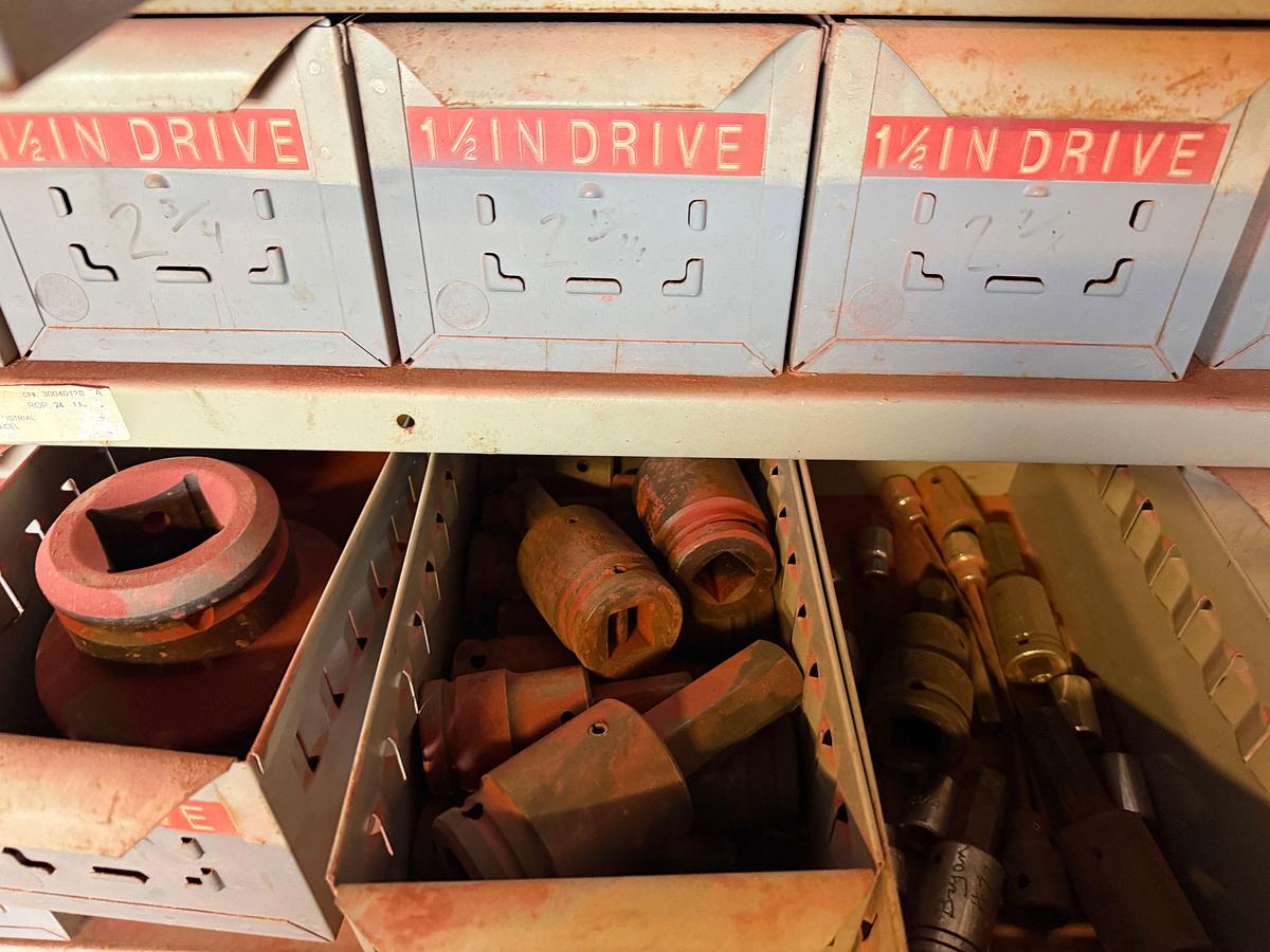 Used (2) 3’L X1 18”W X 7’H SHELVES W/ 110-BINS MOST FULL OF 1/2” THRU 1-1/2” DRIVE SOCKETS UP TO 2-3/4” SIZE