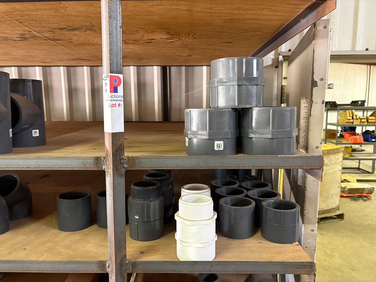 Used Contents of (5) shelves w/ U-line oil spill pads, various 2” to 4” PVC pipe fittings, etc.