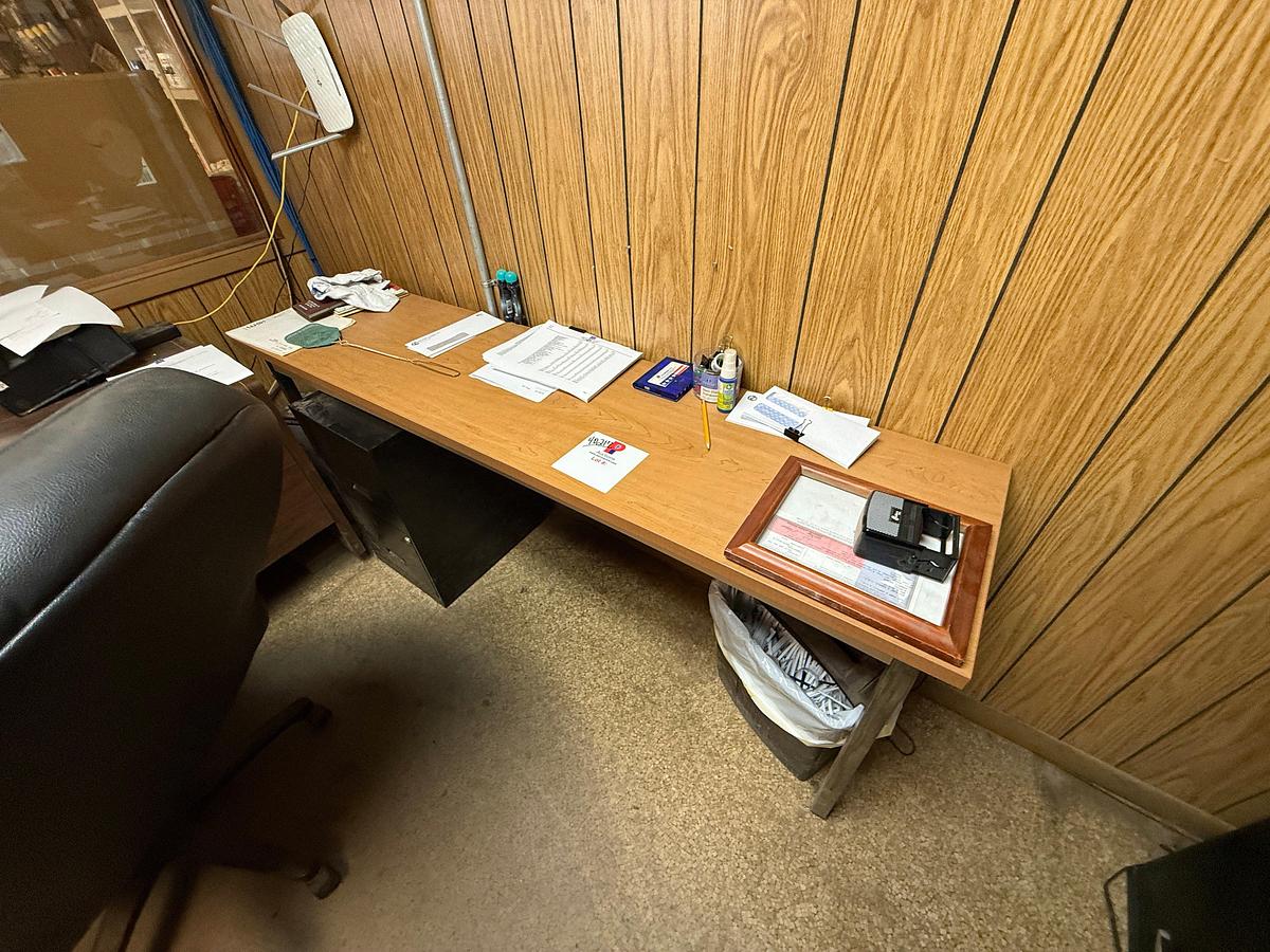 Used 5’ x 5’ L-SHAPE WOOD DESK, (1) 5’x2’ TABLE,CHAIR, & (2) SMALL FILING CABINETS