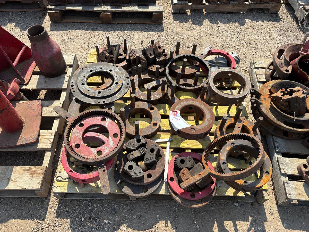 Used Pallet of hydraulic tubing tong drag rings, bull gears, & tong jaws