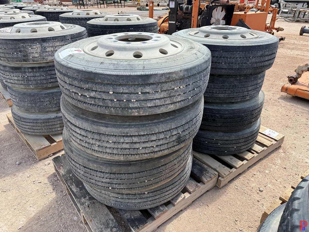 Used (8) 255/70R22.5 TIRES W/ ALUMINUM / STEEL PILOT WHEELS