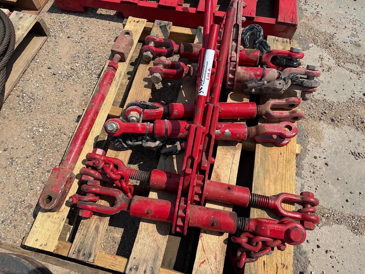 Used PALLET W/ (6) 85K LBS RATCHET BINDERS, SOME UNUSED W/ CROSBY HOOKS