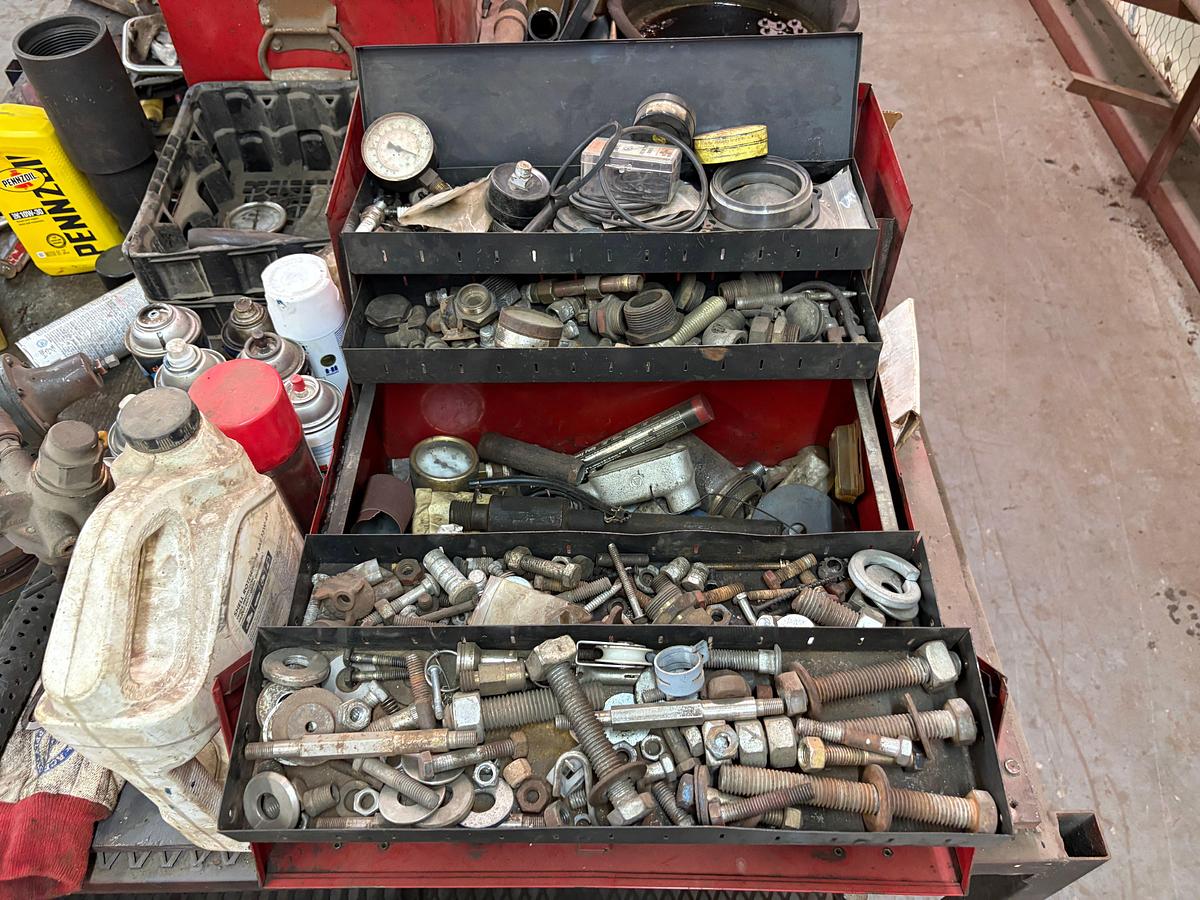 Used 98” x 52” x 36” shop table w/ contents