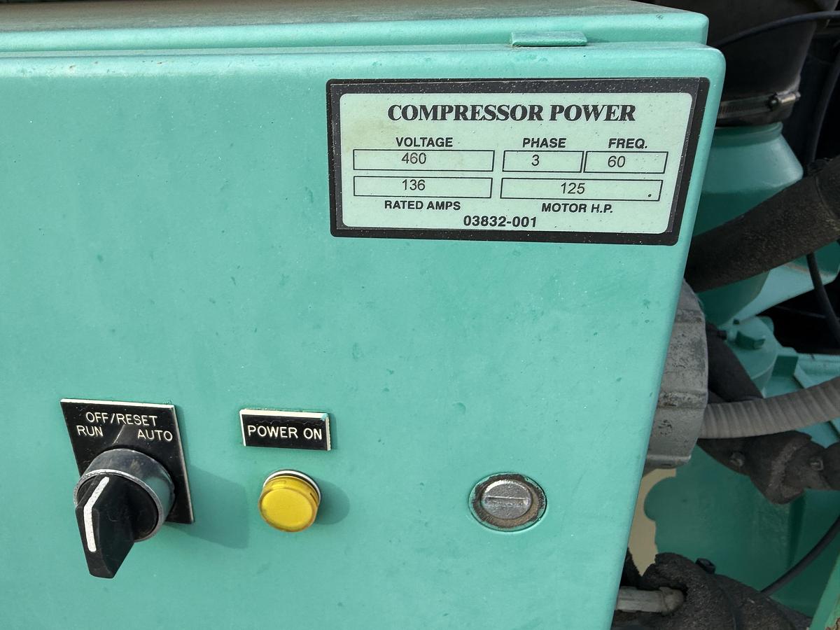 Used SULLIVAN PALATEK LL125UD 625 CFM 150 PSI ROTARY SCREW AIR COMPRESSOR UNIT, SKIDDED P/B 125 HP ELEC. MOTOR
