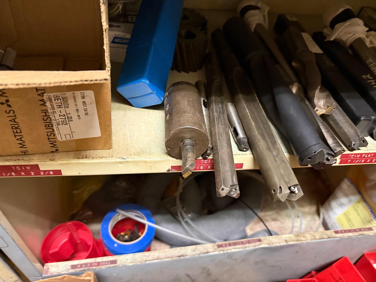 Used ROOM W/ SHELVES & (2) DOOR CABINET INCLUDES (100+) MACHINE CUTTING TOOLS, SUPPLIES, SPARE PARTS, & RELATED