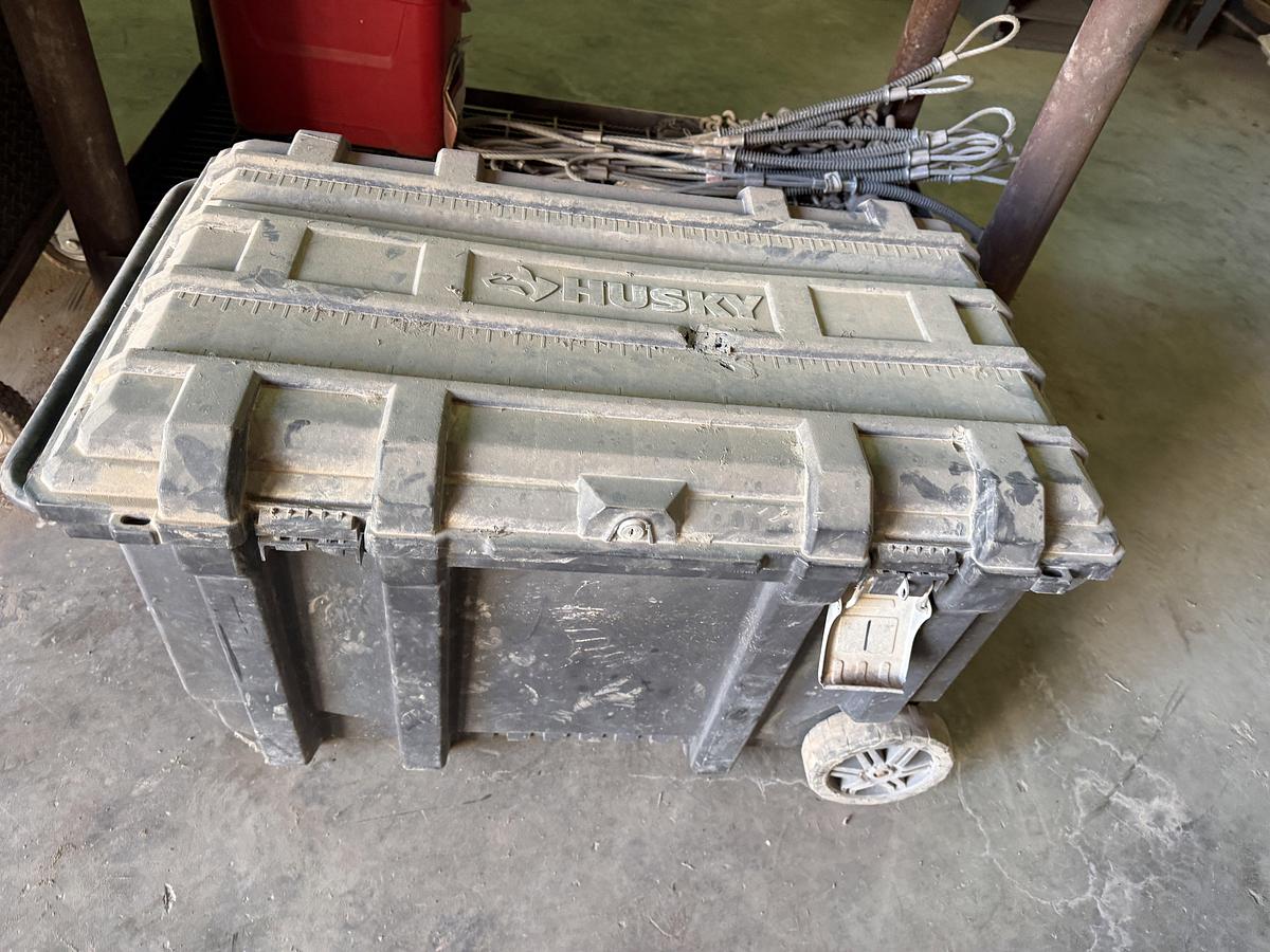 Used (1) 72”L X 24”W X 36”H METAL SHOP BUILT ROLLING TOOL CART & (1) 62”L X 32”W X 36”H METAL WORK BENCH TABLE W/ ELEC. 8” GRINDER