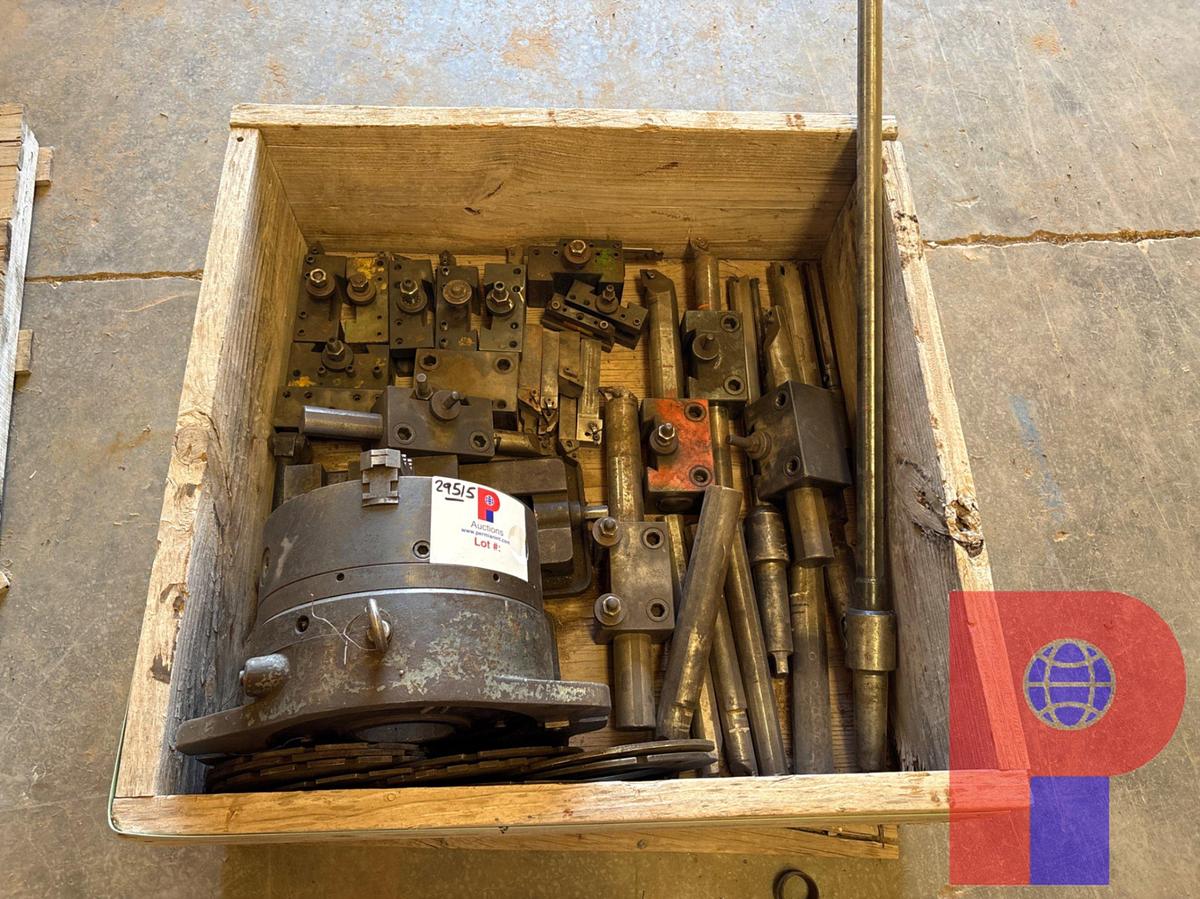 Used BOX W/ KINGSTON/LEHMANN LATHE CHUCK, ASSORTED TOOL HOLDERS & BORING BARS