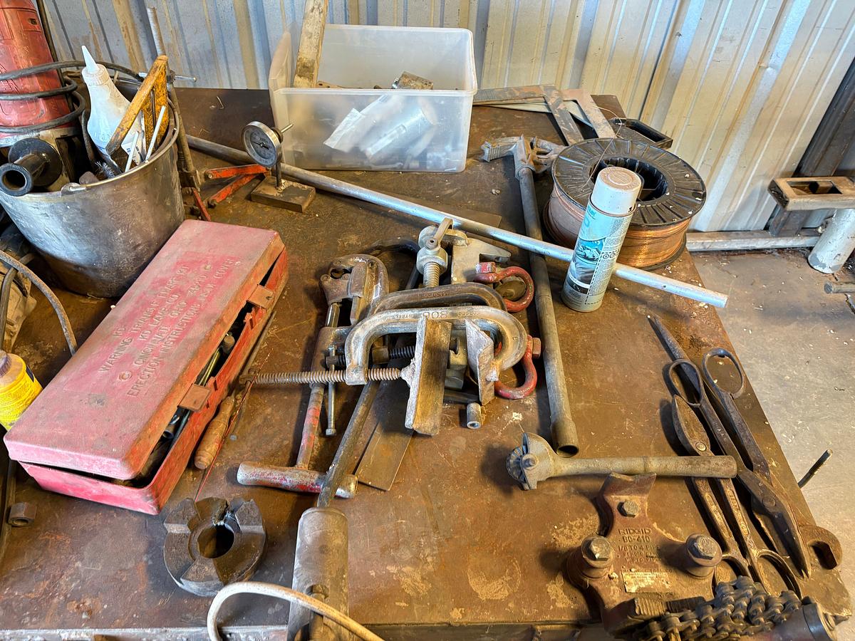 Used 8’ x 4’ x 33” metal shop table w/ contents