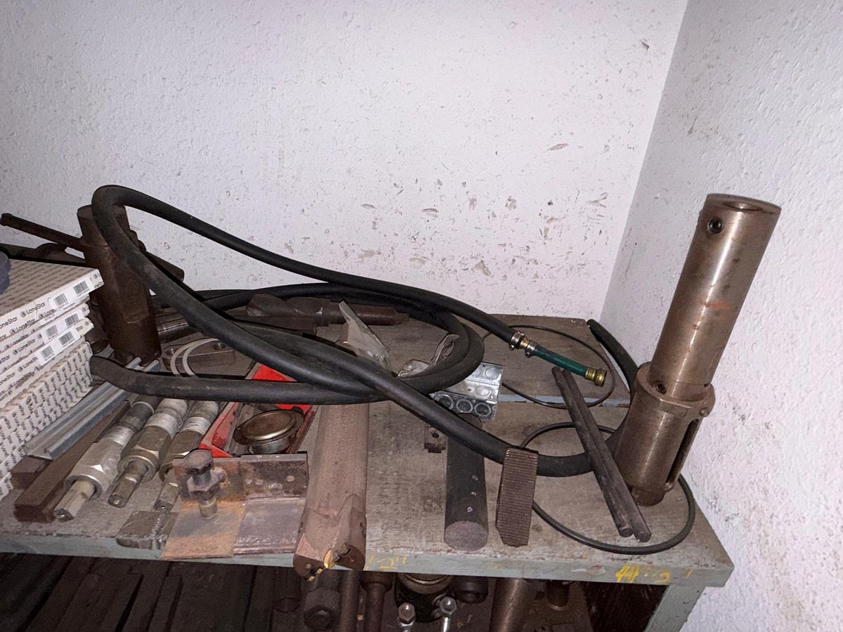 Used 8’x2’x4’ 3-ROW WOOD SHELF W/ CONTENTS OF CUTTING TOOLS, DRILL BITS & CHUCKS, MACHINING RELATED ADAPTERS