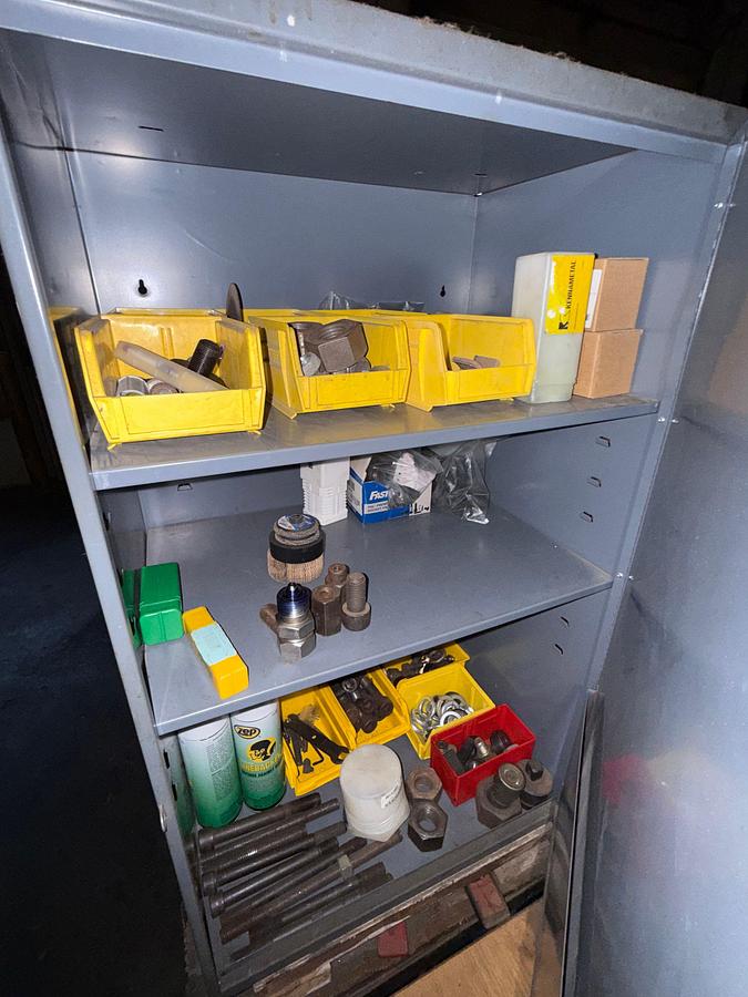 Used SECTION W/ (2) WORK BENCHES, SMALL METAL CABINET INCLUDING CONTENTS OF MACHINE CUTTING TOOLS, SOME HAND TOOLS, & RELATED