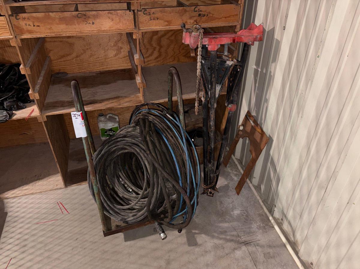 Used Assorted water & air hoses, tool cart, & ridgid tristand