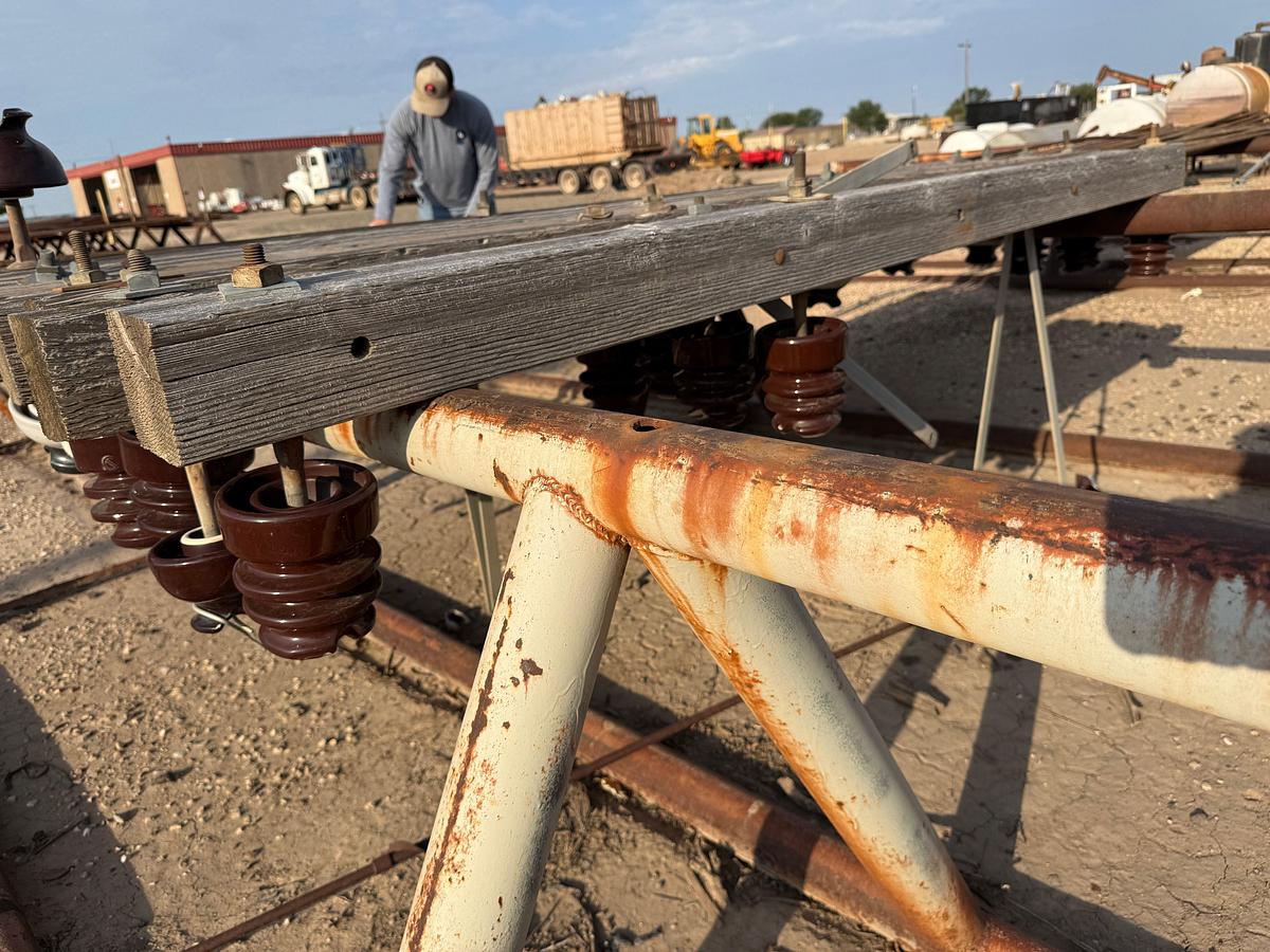 Used (4 X $) 16’L x 32” TRIANGULAR PIPE RACKS W/ PIPE STAYS (SOME RUSTED THRU ON BOTTOM)