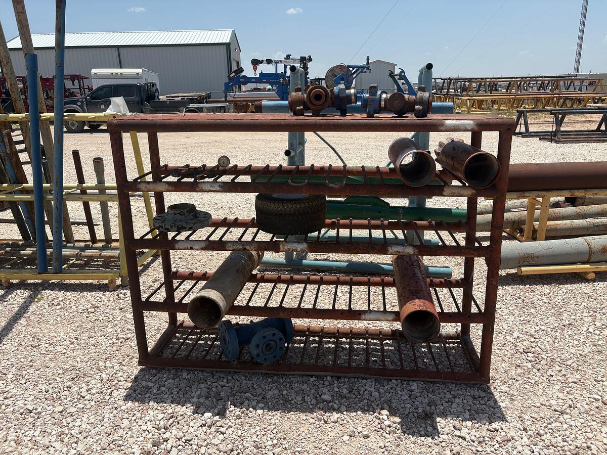 Used 83” x 21” x 60” tool rack w/ (4) assorted wp shoes, (2) 2” 1502 “T” fittings, etc.