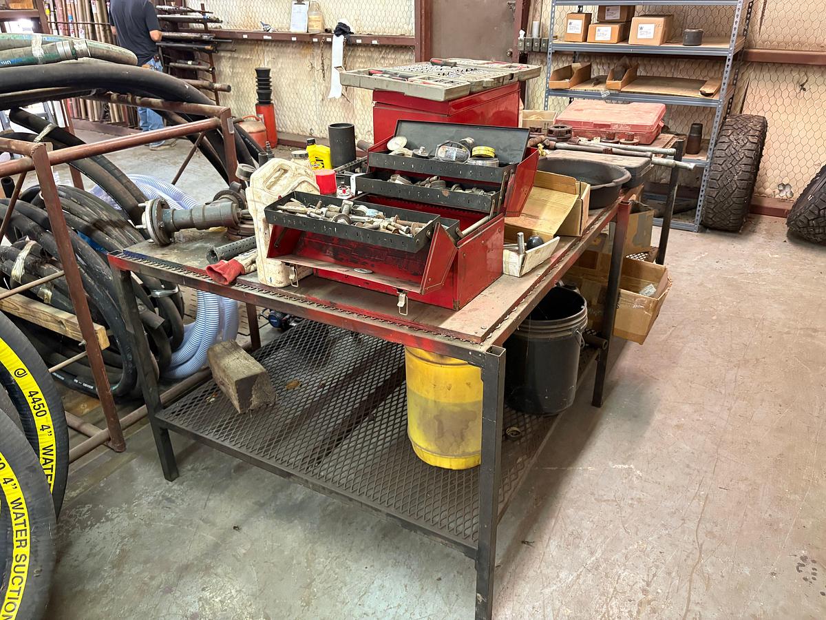 Used 98” x 52” x 36” shop table w/ contents
