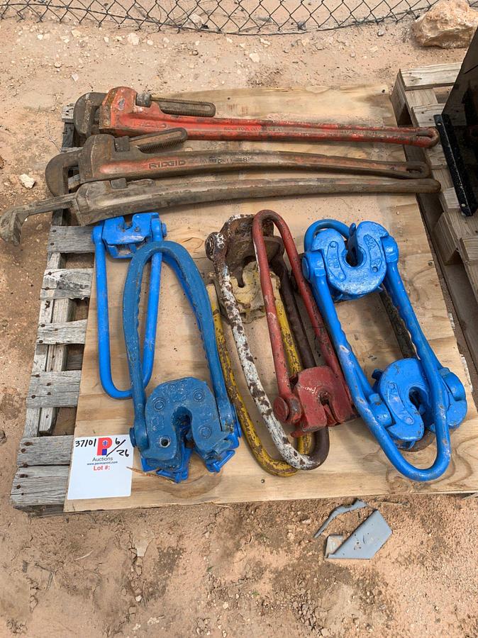 Used Pallets of 3/4 - 7/8 Rod Elevators and 48” Ridgid Pipe Wrenches