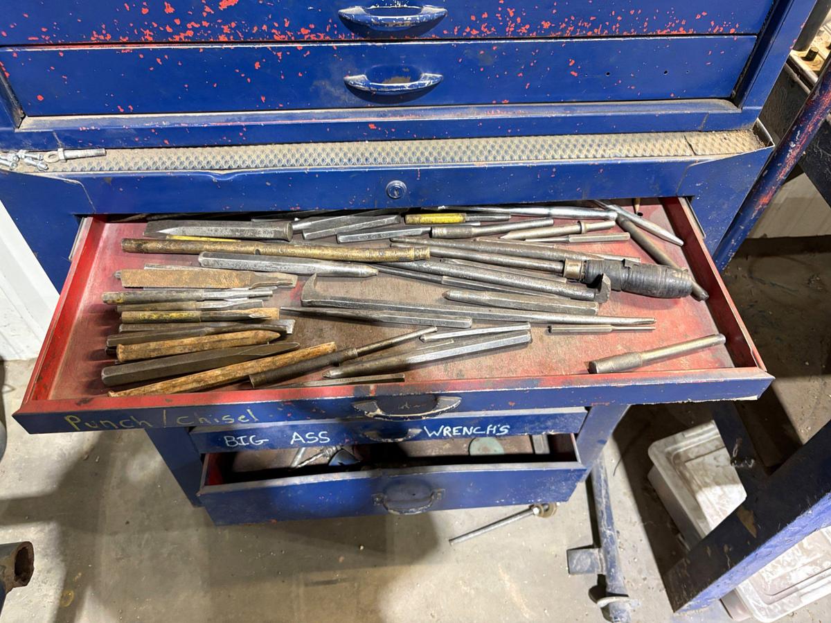 Used 34” x 18” x 60” tool box w/ contents