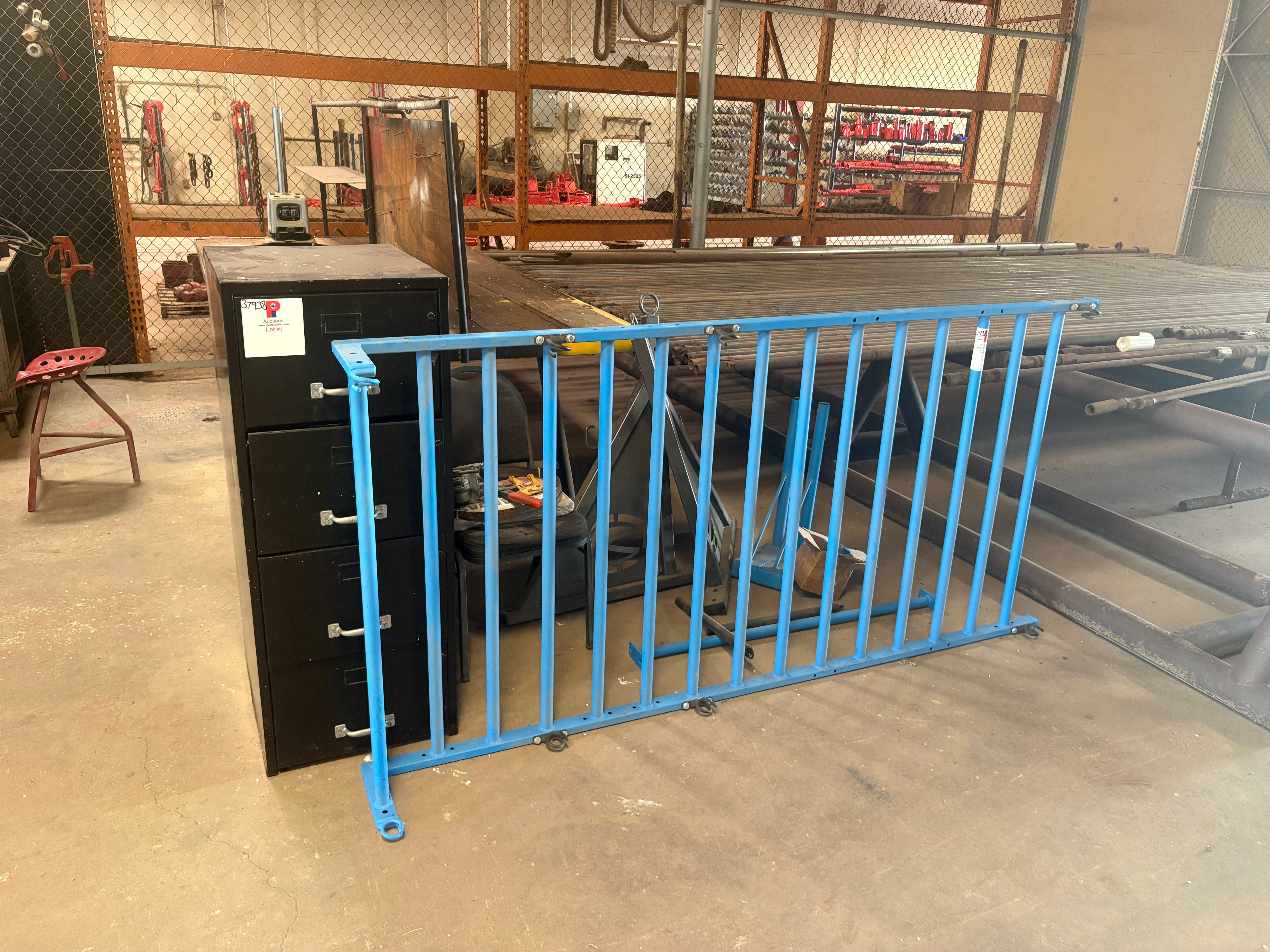 Used 10’ x 57” x 3’ shop table W/ durst 606 drill press, 4-drawer filing cabinet, & 90” x 45” storage rack