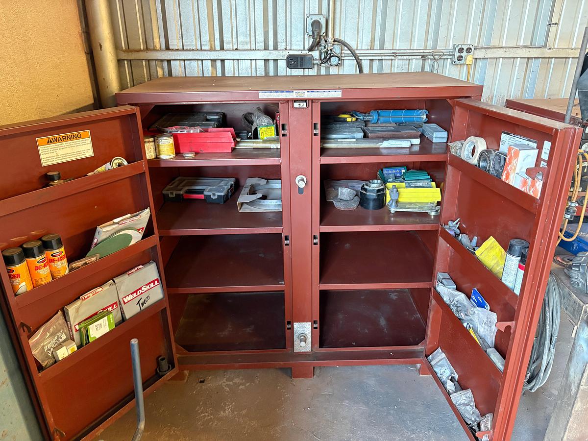 Used JOBOX 5’ x 2.5’ x 5’ 2-door cabinet w/ contents