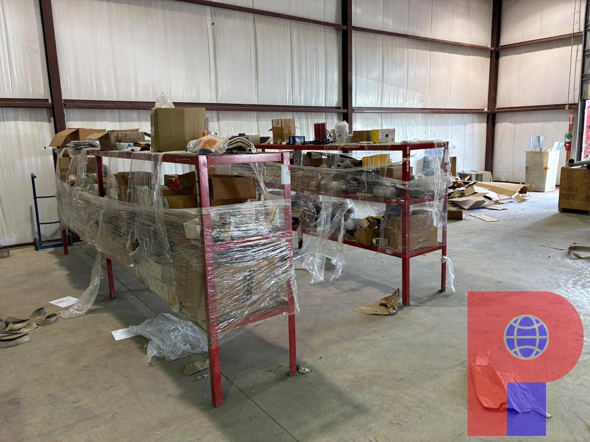 Used (2) 16’ X 2’ X 5’ SHELVES W/ OIL & AIR FILTERS, BELTS, ROLLER CHAINS, MISC. CONTENTS