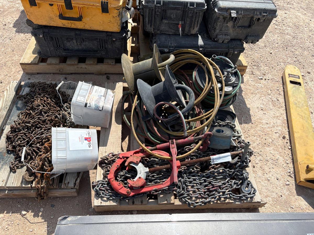 Used (3 pallets) w/ assorted chains, oxygen/acetylene hoses, F-250 super duty tailgate, leaf blower, pallet jack, etc
