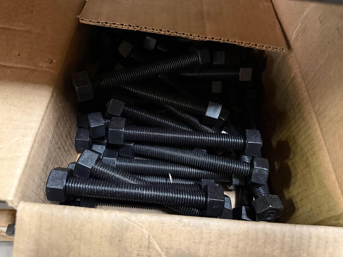 Used 5-SHELF RACK W/ CONTENTS OF PVC BALL VALVES & UNIONS, NETCO COLLAR LEAK REPAIR CLAMPS, (14+) BOXES 5/8” THRU 1” STUDS & NUTS