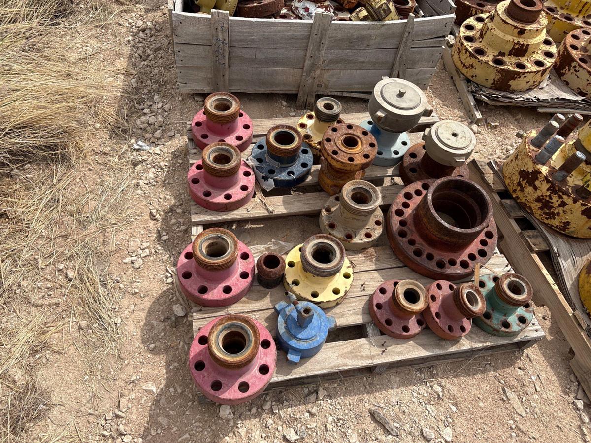 Used (9 pallets) assorted weco flanges, casing packoffs, 2-9/16” gate valves, & (5) assorted spacer spools