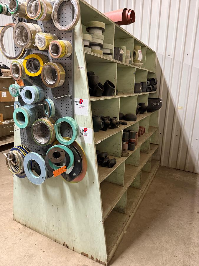 Used 8’ x 2’ x7’ DOUBLE SIDED 48-BIN WOOD PARTS SHELF