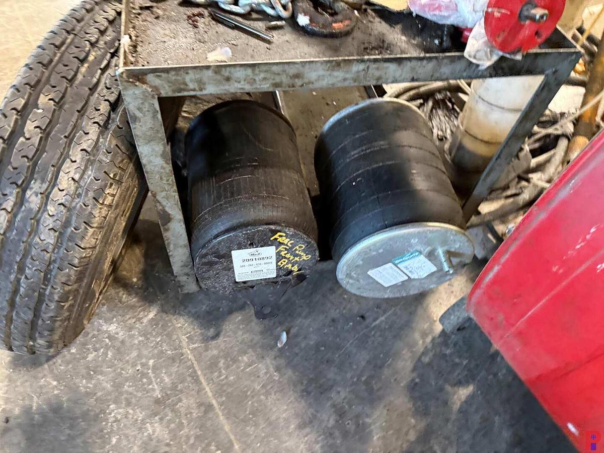 Used LOT W/ (2) ROLLING PARTS CARTS, (2) DOLLIES, HEADLAND METER, PORT A POWER FOOT PUMP, & HOSE,,  PNEUM. FLUID PUMP, 42” SHOP FAN