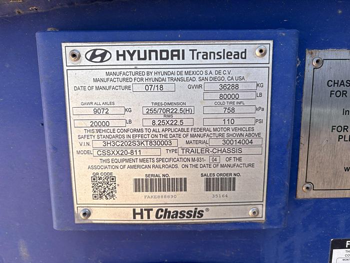 Used 2019 HYUNDAI TRANSLEAD T/A CHEMICAL TRANSPORT TRAILER