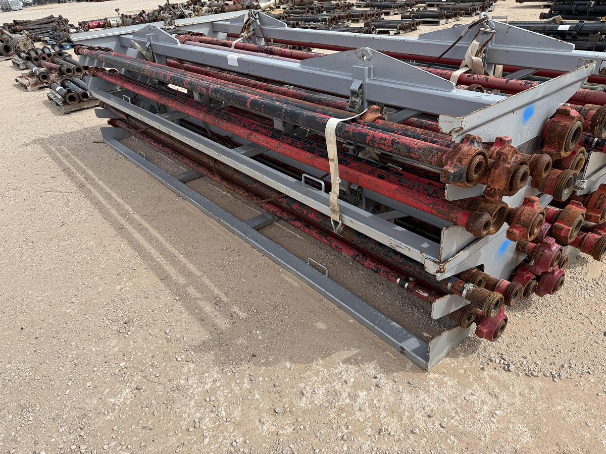 Used (22 X $) (17) 2” X 15’L & (5) 3” X 15’L FIG 1502 15K WP FLOW IRON W/ (2) 2-TIER STACKABLE PIPE RACKS
