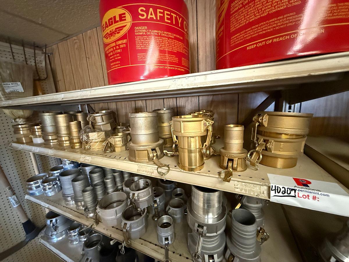 Used 2ND SHELF W/ (25+) 2” THRU 4” CAMLOCK BRASS FITTINGS