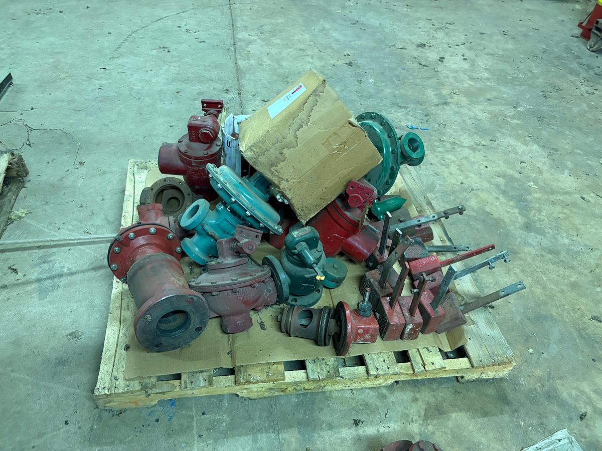 Used Pallet of (8) assorted Kimray 2” & 3” ball & check valves, & valve parts