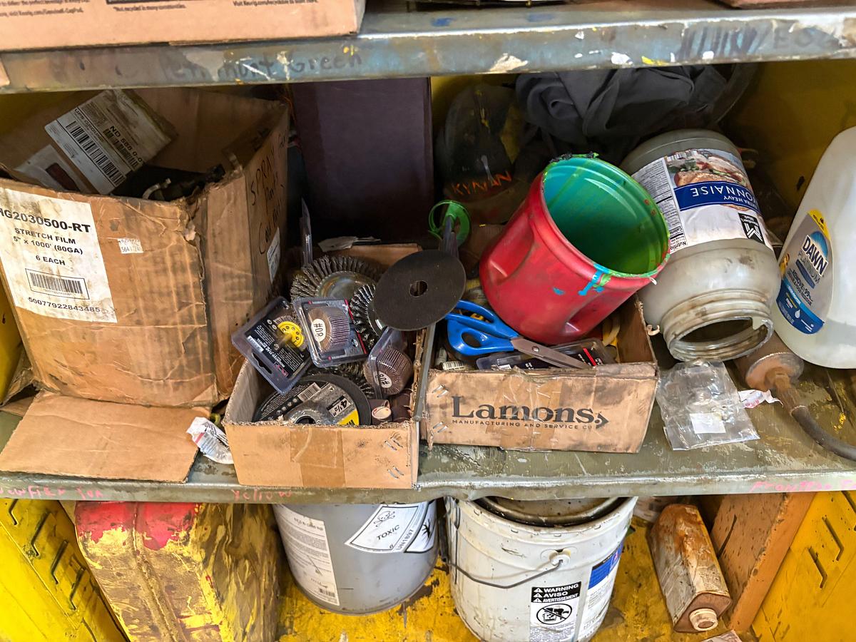 Used 40” x 32” x 40” shop table & (2) paint storage cabinets w/ contents