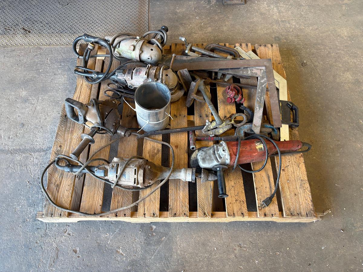 Used 8’ x 4’ x 33” metal shop table w/ contents