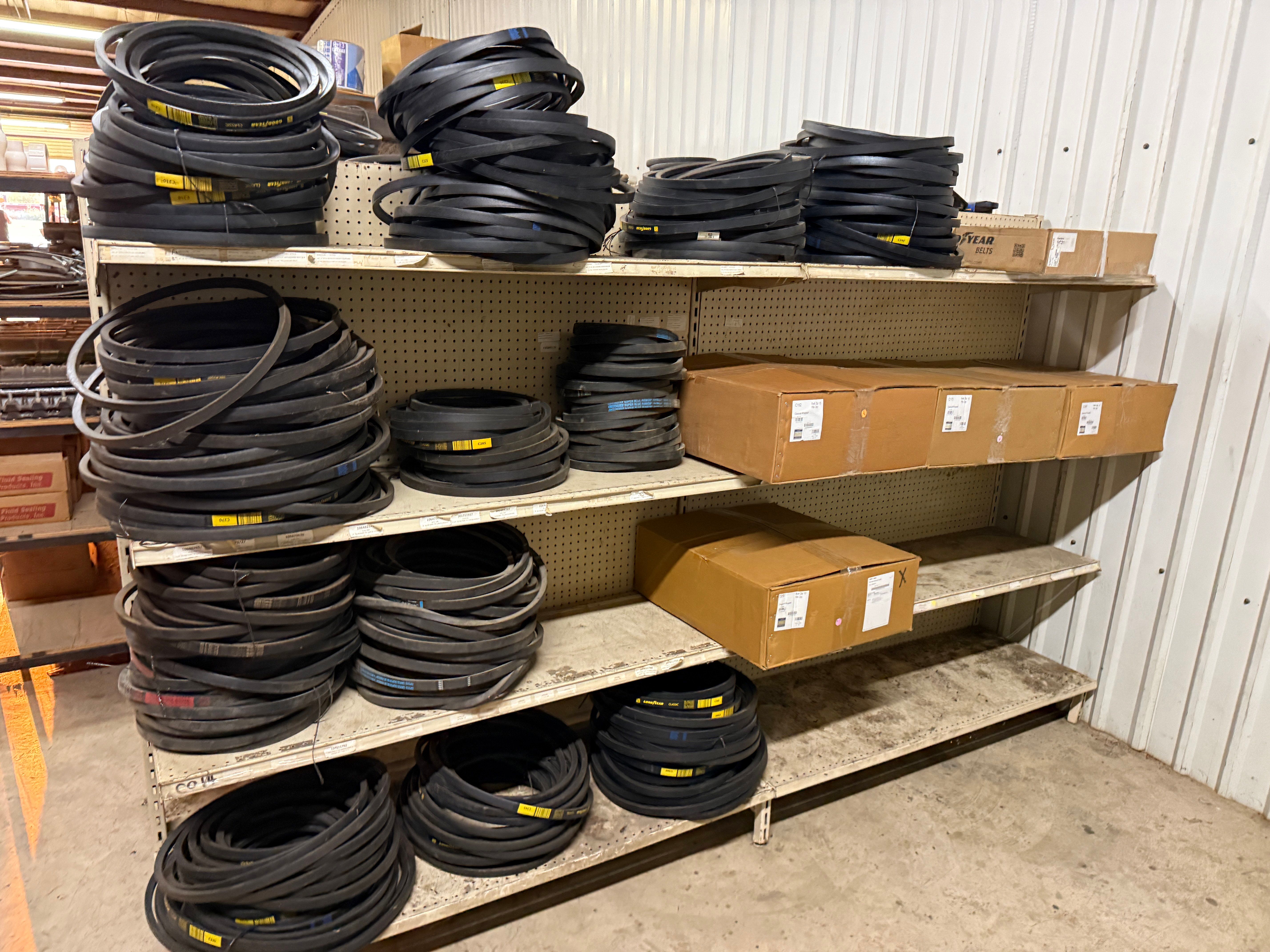 Used SECTION OF (90+) MOSTLY GOODYEAR C-SECTION BELTS SIZE RANGE C165 THRU C360 & (1) C210 POWERBAND V-BELTS