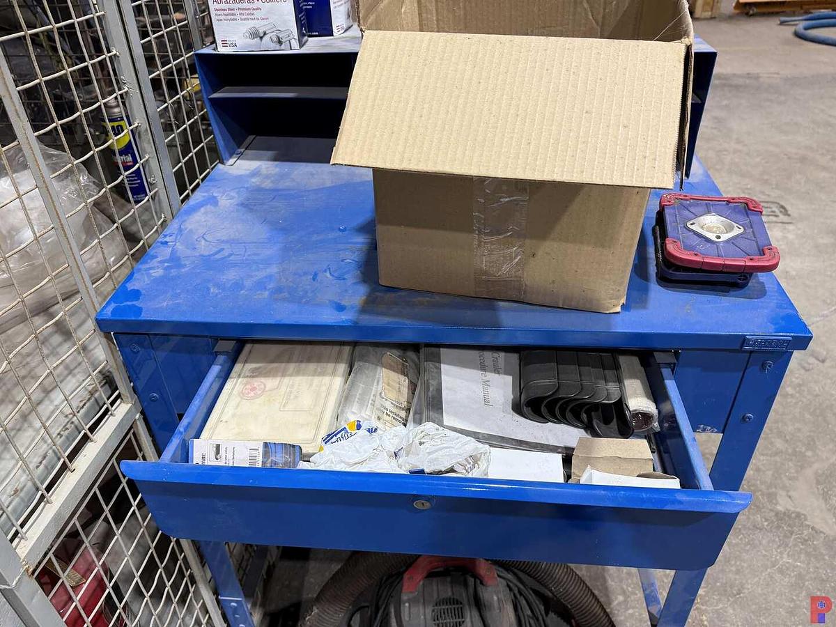 Used (2) WIRE MESH ROLLING CART STORAGE BINS, STAND UP METAL DESK, SHOP VAC, HOSE CLAMPS