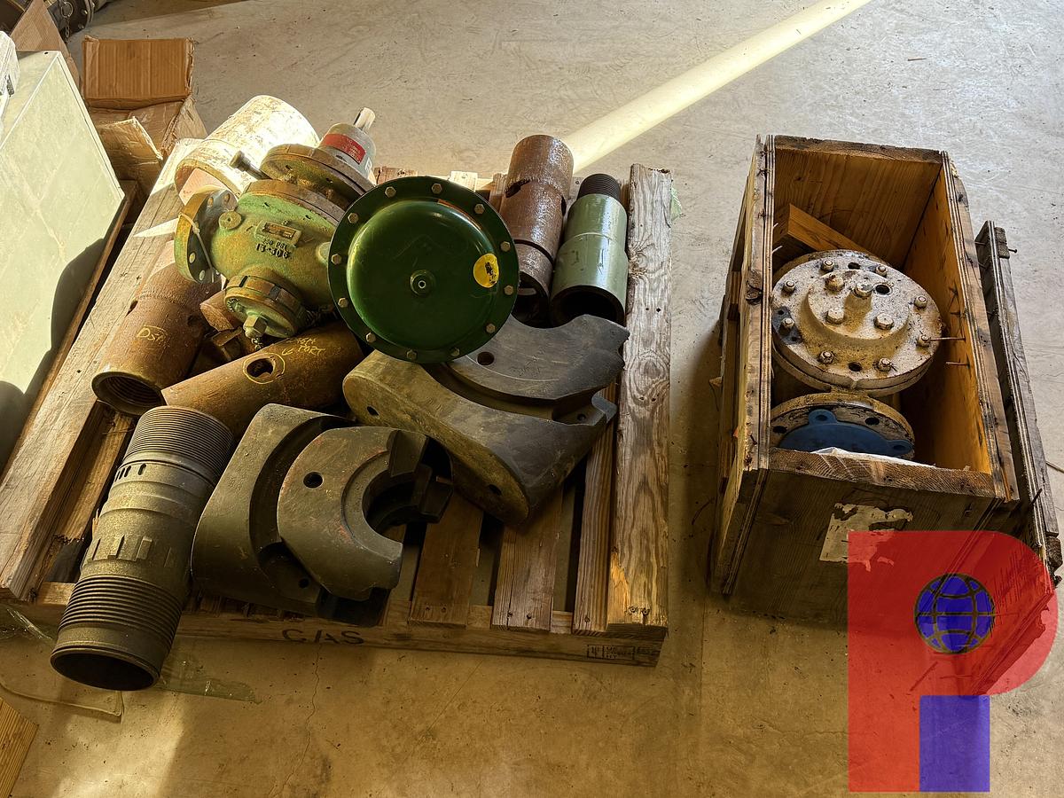 Used PALLET W/ 2-7/8” BOP RAMS, (2) FLOW VALVES, SUBS, & 4” RELIEF VALVE IN CRATE