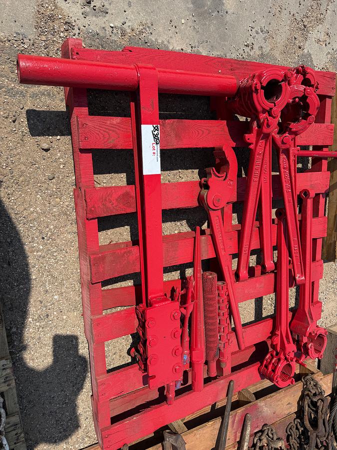 Used PALLET W/ (6) MANUAL TUBING TONGS, ROPE SOCKETS, TAPER TAP, WIRE ROPE T-CLAMP