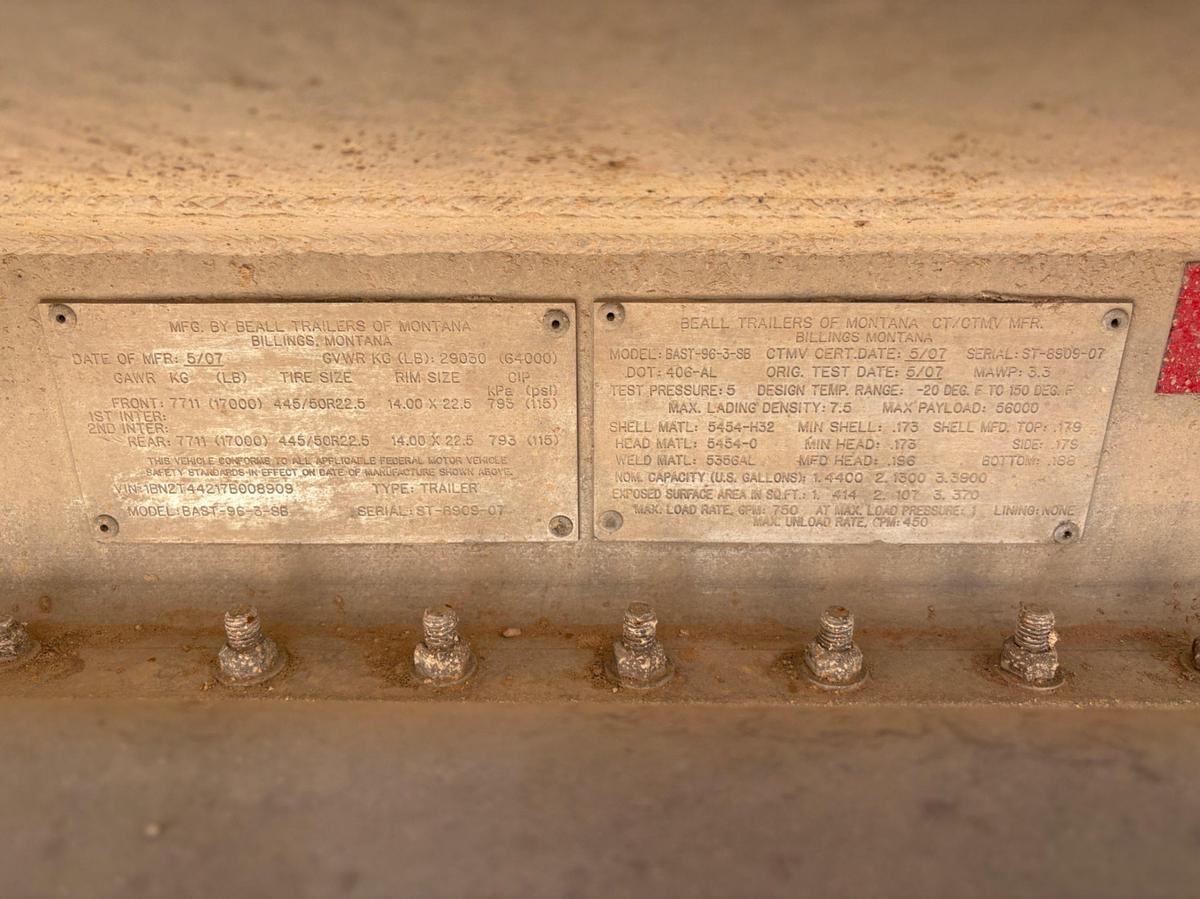 Used 2007 BEALL TRAILERS 9,600 GALLON 3-COMPART T/A ALUMINUM FUEL TRAILER