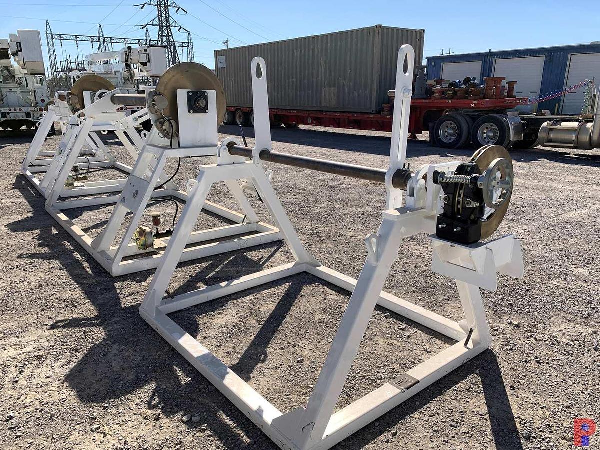 Used 66”W X 48”H REEL STAND W/ ADJUSTABLE 16” BRAKE CALIPER